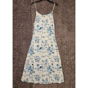 Womens Blue White Floral Rose Print Spaghetti Strap Maxi Dress Large